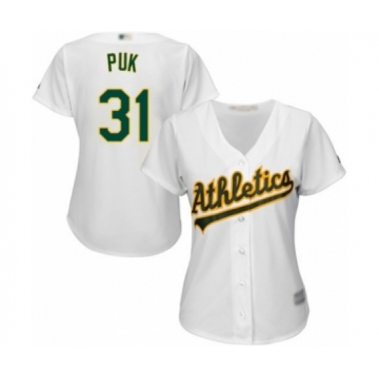 Women's Oakland Athletics #31 A.J. Puk Authentic White Home Cool Base Baseball Player Jersey Women's Oakland Athletics #31 A.J. Puk Authentic White Home Cool Base Baseball Player Jersey