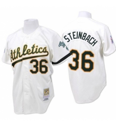Men's Mitchell and Ness Oakland Athletics #36 Terry Steinbach Replica White Throwback MLB Jersey