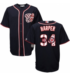 Men's Majestic Washington Nationals #34 Bryce Harper Authentic Navy Blue Team Logo Fashion Cool Base MLB Jersey