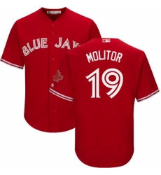 Men's Majestic Toronto Blue Jays #19 Paul Molitor Replica Scarlet Alternate Cool Base MLB Jersey