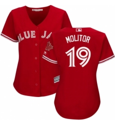 Women's Majestic Toronto Blue Jays #19 Paul Molitor Authentic Scarlet Alternate MLB Jersey
