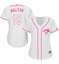 Women's Majestic Toronto Blue Jays #19 Paul Molitor Authentic White Fashion Cool Base MLB Jersey