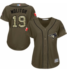 Women's Majestic Toronto Blue Jays #19 Paul Molitor Replica Green Salute to Service MLB Jersey