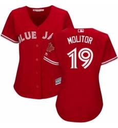 Women's Majestic Toronto Blue Jays #19 Paul Molitor Replica Scarlet Alternate MLB Jersey