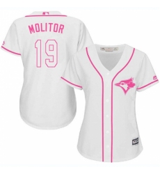 Women's Majestic Toronto Blue Jays #19 Paul Molitor Replica White Fashion Cool Base MLB Jersey