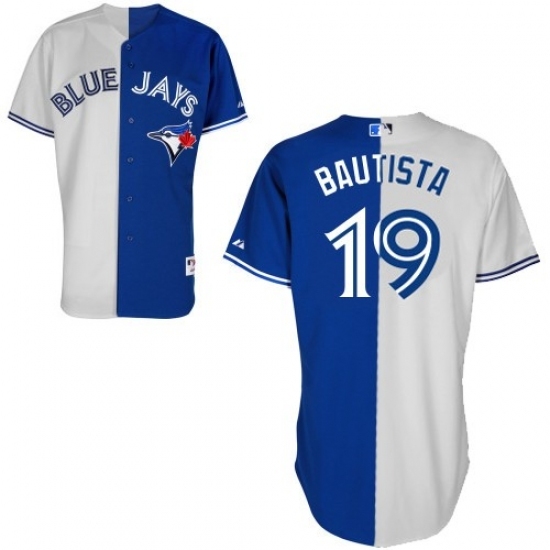 Men's Majestic Toronto Blue Jays #19 Jose Bautista Replica Blue/White Split Fashion MLB Jersey Men's Majestic Toronto Blue Jays #19 Jose Bautista Replica Blue/White Split Fashion MLB Jersey