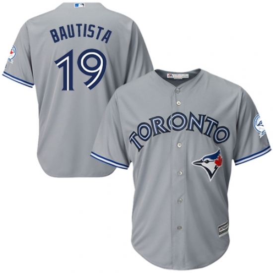 Men's Majestic Toronto Blue Jays #19 Jose Bautista Replica Grey Road 40th Anniversary Patch MLB Jersey Men's Majestic Toronto Blue Jays #19 Jose Bautista Replica Grey Road 40th Anniversary Patch MLB Jersey
