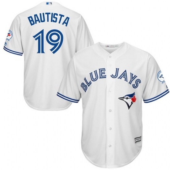 Men's Majestic Toronto Blue Jays #19 Jose Bautista Replica White Home 40th Anniversary Patch MLB Jersey Men's Majestic Toronto Blue Jays #19 Jose Bautista Replica White Home 40th Anniversary Patch MLB Jersey