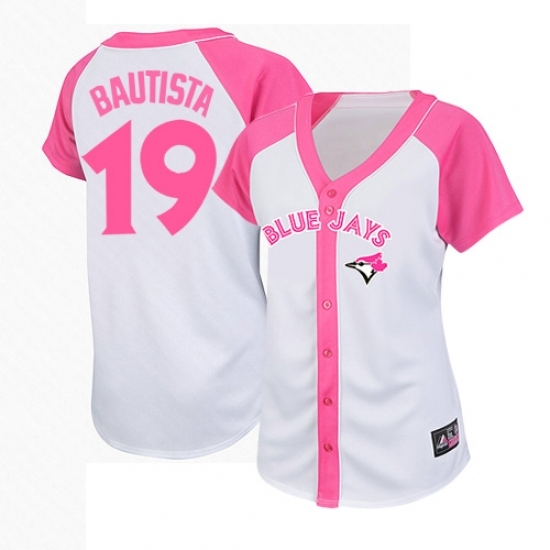 Women's Majestic Toronto Blue Jays #19 Jose Bautista Replica White/Pink Splash Fashion MLB Jersey Women's Majestic Toronto Blue Jays #19 Jose Bautista Replica White/Pink Splash Fashion MLB Jersey