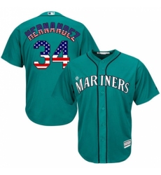 Men's Majestic Seattle Mariners #34 Felix Hernandez Authentic Teal Green USA Flag Fashion MLB Jersey