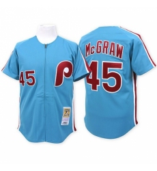 Men's Mitchell and Ness Philadelphia Phillies #45 Tug McGraw Replica Blue Throwback MLB Jersey