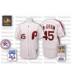 Men's Mitchell and Ness Philadelphia Phillies #45 Tug McGraw Replica White/Red Strip Throwback MLB Jersey