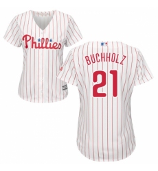 Women's Majestic Philadelphia Phillies #21 Clay Buchholz Replica White/Red Strip Home Cool Base MLB Jersey