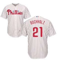 Youth Majestic Philadelphia Phillies #21 Clay Buchholz Replica White/Red Strip Home Cool Base MLB Jersey