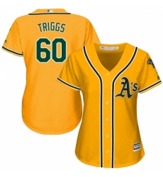 Women's Majestic Oakland Athletics #60 Andrew Triggs Replica Gold Alternate 2 Cool Base MLB Jersey