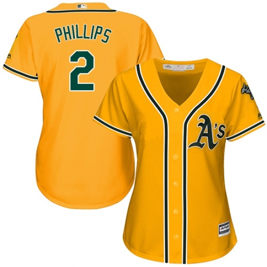 Women's Majestic Oakland Athletics #2 Tony Phillips Replica Gold Alternate 2 Cool Base MLB Jersey Women's Majestic Oakland Athletics #2 Tony Phillips Replica Gold Alternate 2 Cool Base MLB Jersey