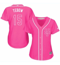 Women's Majestic New York Mets #15 Tim Tebow Authentic Pink Fashion Cool Base MLB Jersey