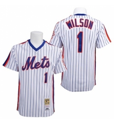 Men's Mitchell and Ness New York Mets #1 Mookie Wilson Replica White/Blue Strip Throwback MLB Jersey Men's Mitchell and Ness New York Mets #1 Mookie Wilson Replica White/Blue Strip Throwback MLB Jersey