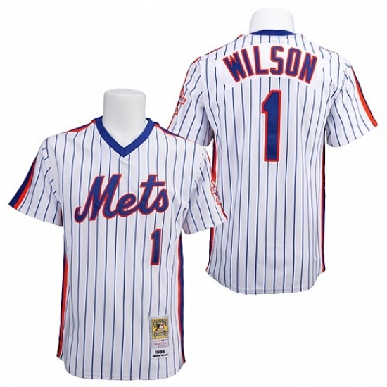 Men's Mitchell and Ness New York Mets #1 Mookie Wilson Replica White/Blue Strip Throwback MLB Jersey Men's Mitchell and Ness New York Mets #1 Mookie Wilson Replica White/Blue Strip Throwback MLB Jersey