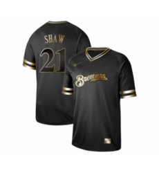 Men's Milwaukee Brewers #21 Travis Shaw Authentic Black Gold Fashion Baseball Jersey