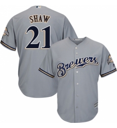 Youth Majestic Milwaukee Brewers #21 Travis Shaw Replica Grey Road Cool Base MLB Jersey