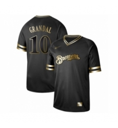 Men's Milwaukee Brewers #10 Yasmani Grandal Authentic Black Gold Fashion Baseball Jersey