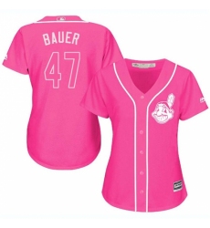 Women's Majestic Cleveland Indians #47 Trevor Bauer Replica Pink Fashion Cool Base MLB Jersey