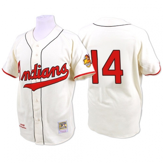 Men's Mitchell and Ness 1948 Cleveland Indians #14 Larry Doby Replica Cream Throwback MLB Jersey Men's Mitchell and Ness 1948 Cleveland Indians #14 Larry Doby Replica Cream Throwback MLB Jersey