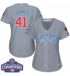 Women's Majestic Chicago Cubs #41 John Lackey Authentic Grey Road 2016 World Series Champions Cool Base MLB Jersey