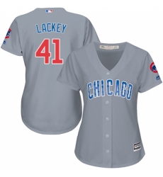 Women's Majestic Chicago Cubs #41 John Lackey Replica Grey Road MLB Jersey