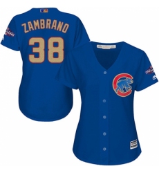 Women's Majestic Chicago Cubs #38 Carlos Zambrano Authentic Royal Blue 2017 Gold Champion MLB Jersey