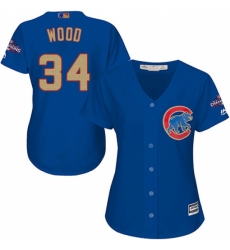 Women's Majestic Chicago Cubs #34 Kerry Wood Authentic Royal Blue 2017 Gold Champion MLB Jersey