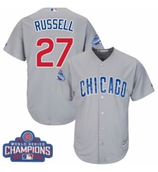 Youth Majestic Chicago Cubs #27 Addison Russell Authentic Grey Road 2016 World Series Champions Cool Base MLB Jersey