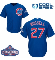 Youth Majestic Chicago Cubs #27 Addison Russell Authentic Royal Blue Alternate 2016 World Series Champions Cool Base MLB Jersey
