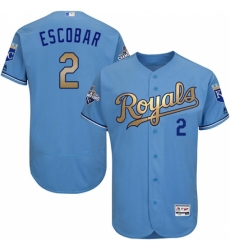 Men's Majestic Kansas City Royals #2 Alcides Escobar Authentic Light Blue 2015 World Series Champions Gold Program FlexBase MLB Jersey