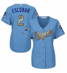 Women's Majestic Kansas City Royals #2 Alcides Escobar Authentic Light Blue 2015 World Series Champions Gold Program Cool Base MLB Jersey