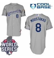 Men's Majestic Kansas City Royals #8 Mike Moustakas Authentic Grey Road Cool Base 2015 World Series