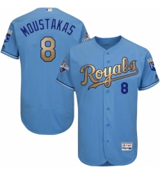 Men's Majestic Kansas City Royals #8 Mike Moustakas Authentic Light Blue 2015 World Series Champions Gold Program FlexBase MLB Jersey