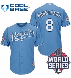 Men's Majestic Kansas City Royals #8 Mike Moustakas Authentic Light Blue Alternate 1 Cool Base 2015 World Series