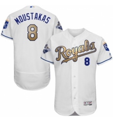 Men's Majestic Kansas City Royals #8 Mike Moustakas Authentic White 2015 World Series Champions Gold Program FlexBase MLB Jersey