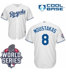 Men's Majestic Kansas City Royals #8 Mike Moustakas Authentic White Home Cool Base 2015 World Series