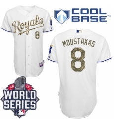 Men's Majestic Kansas City Royals #8 Mike Moustakas Authentic White USMC Cool Base 2015 World Series