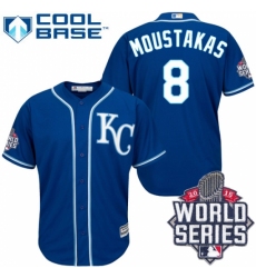Men's Majestic Kansas City Royals #8 Mike Moustakas Replica Blue Alternate 2 Cool Base 2015 World Series