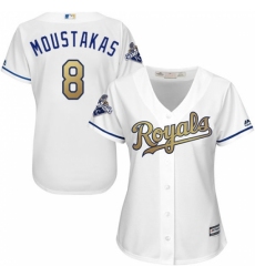 Women's Majestic Kansas City Royals #8 Mike Moustakas Authentic White 2015 World Series Champions Gold Program Cool Base MLB Jersey