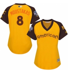Women's Majestic Kansas City Royals #8 Mike Moustakas Authentic Yellow 2016 All-Star American League BP Cool Base MLB Jersey