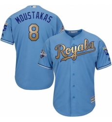 Youth Majestic Kansas City Royals #8 Mike Moustakas Authentic Light Blue 2015 World Series Champions Gold Program Cool Base MLB Jersey