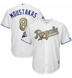 Youth Majestic Kansas City Royals #8 Mike Moustakas Authentic White 2015 World Series Champions Gold Program Cool Base MLB Jersey