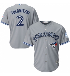 Men's Majestic Toronto Blue Jays #2 Troy Tulowitzki Replica Grey Road 40th Anniversary Patch MLB Jersey