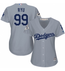 Women's Majestic Los Angeles Dodgers #99 Hyun-Jin Ryu Authentic Grey Road 2017 World Series Bound Cool Base MLB Jersey