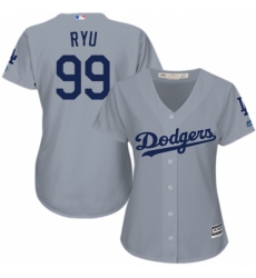 Women's Majestic Los Angeles Dodgers #99 Hyun-Jin Ryu Replica Grey Road Cool Base MLB Jersey